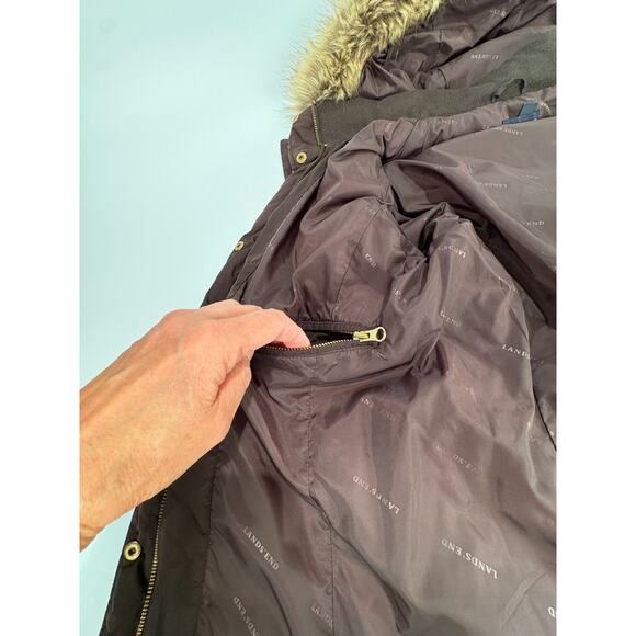 Lands End Down Jacket Womens Large 14-16 Brown Down Filled Zip Up Coat Fur Hood - Picture 13 of 14